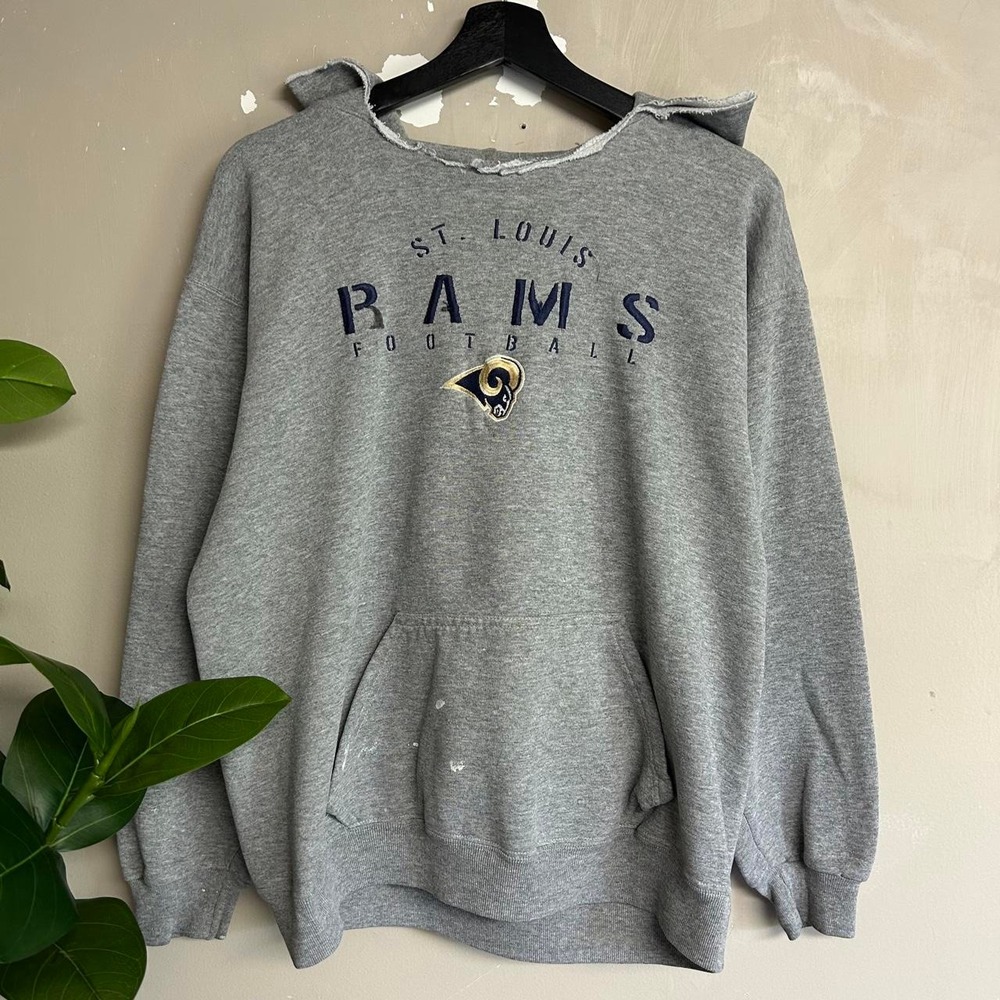Vintage Logo Athletic St Louis Rams Distressed Boxy Hoodie Grey Mens L
